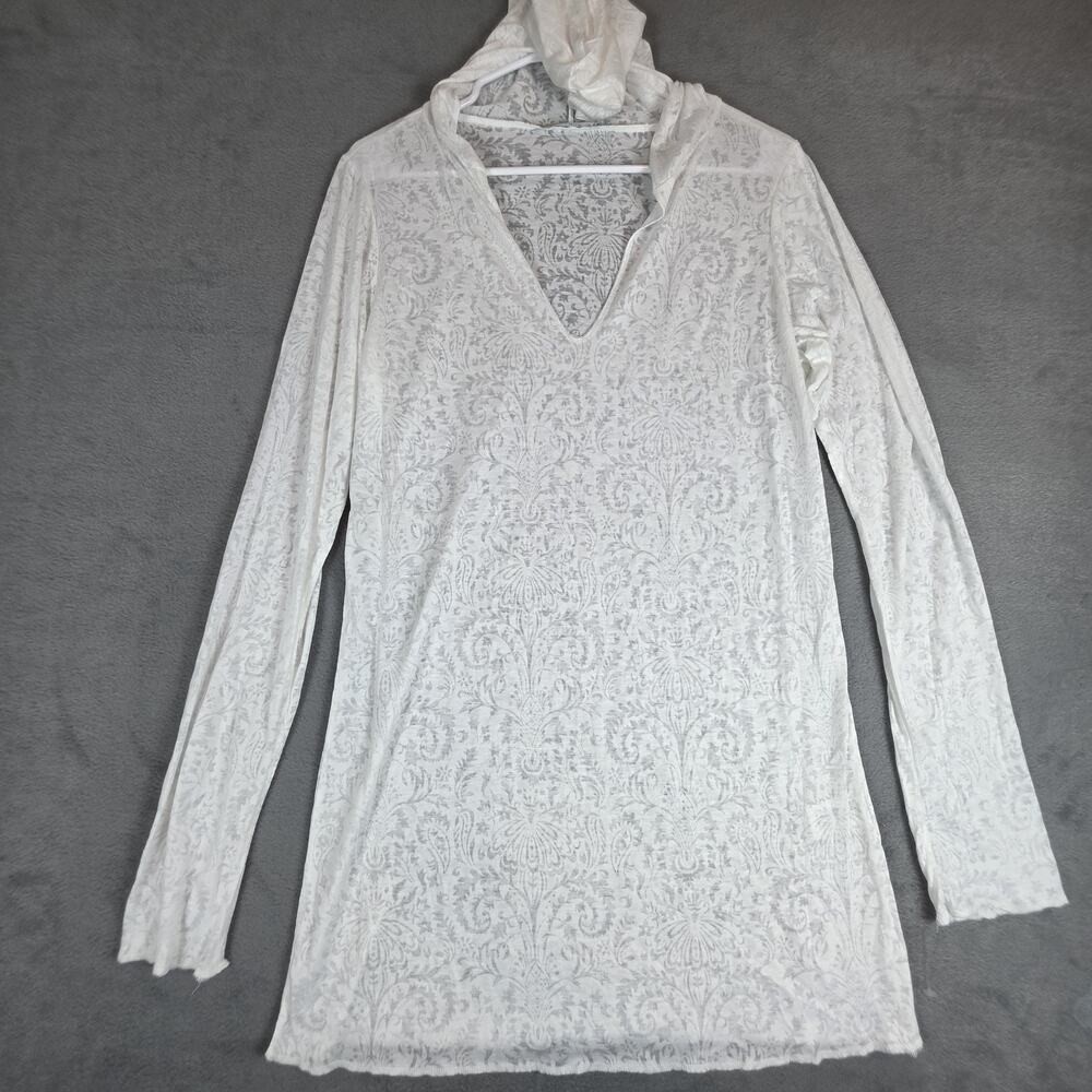 Nally & Millie White Floral Hoodie Top Large Lightweight Stretch Made USA